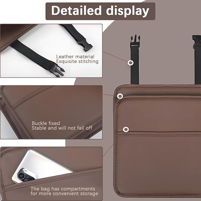 Zpana Car Seat Back Organizer, Leather Multipurpose Hanging Vehicle Backseat Headrest Storage Bag, Automotive Pouch Pocket Organizer for Kids & Adults, Universal for Truck SUV Sedan (Brown)