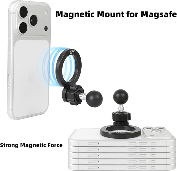 Magnetic Phone Holder Base for RAM Mounts, 1" (25mm) Ball Mount with Medium Aluminum B Size Double Socket Arm, Compatible with Magsafe iPhone 17/16/15/14/13/12 Series