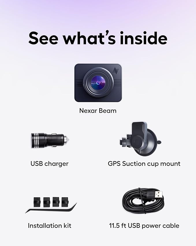 Nexar Beam GPS Dash Cam - 1 Year Nexar App Subscription Included - Unlimited Cloud Storage, Drive Recordings, Parking Mode, Night Vision, All Inside the Nexar App - WiFi HD Front Dash Cam (64 GB SD)