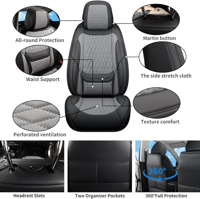 Car Seat Covers Full Set Custom Fit for Buick Century 1997-2005 - Premium Faux Leather with Lumbar Support | Breathable, Waterproof, Anti-Slip, Durable (Black&Gray,Full Set)