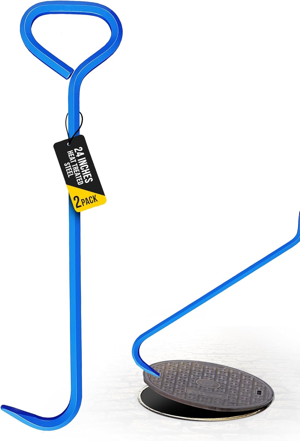 T&T Tools 24-Inch Manhole Hook Tool, 2 Pack, 5/8" Hex Alloy Steel Single Hook for Heavy Duty Lifting Covers, Septic Tank Risers, Storm Drains, Pallet Pulling, Ergonomic Handle with Bright Blue Finish