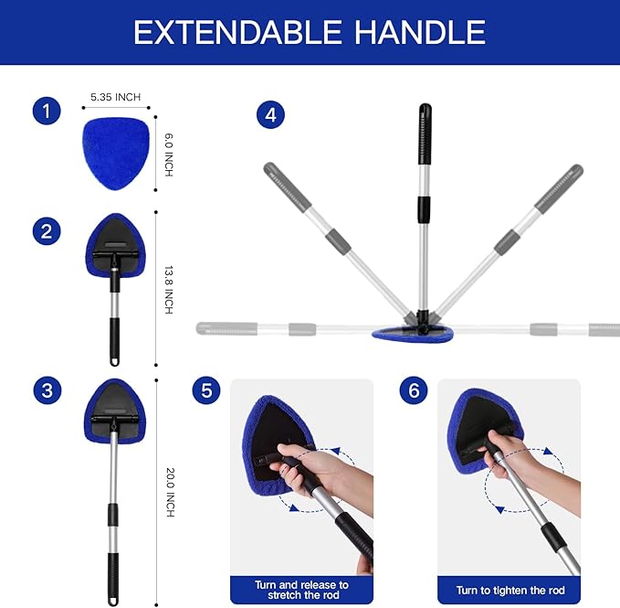 Qydipclin 10pcs Windshield Cleaner Tool, Car Window Cleaning Wash Kit with 4 Reusable Microfiber Pads 1 Spray Bottle and Extendable Handle Auto Glass Wiper Kit, Blue