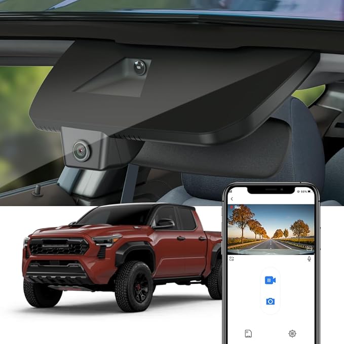Fitcamx 4K Dash Cam Suitable for Toyota Tacoma & Hybrid 2024-2026, OEM Factory Look, UHD 2160P Video, Built-in WiFi & APP, Loop Recording, Collision Sensor, Night Vision, Plug & Play, 64GB Card