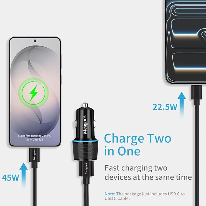 67.5W Car Charger USB C Super Fast Charging, 45W USBC & QC3.0 Port Plug for iPhone 17 Pro Max/Air/16/15/iPad, Samsung S26/S25 Android Cell Phone, Dual 12V Cigarette Lighter Adapter + 5 ft Type C Cable