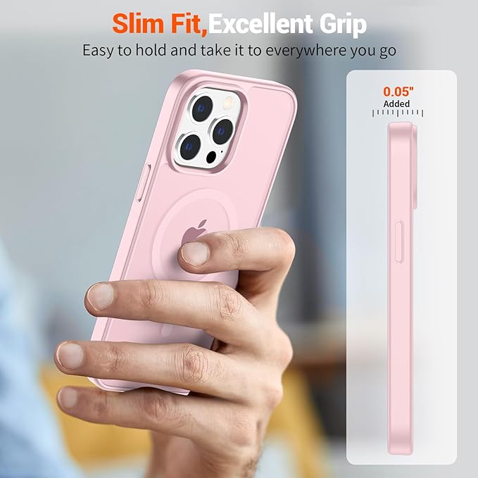 SUPFINE Magnetic for iPhone 14 Pro Max Case with Screen Protector (Compatible with MagSafe) (Military Grade Drop Protection) Translucent Matte Shockproof Phone Cover,Light Pink