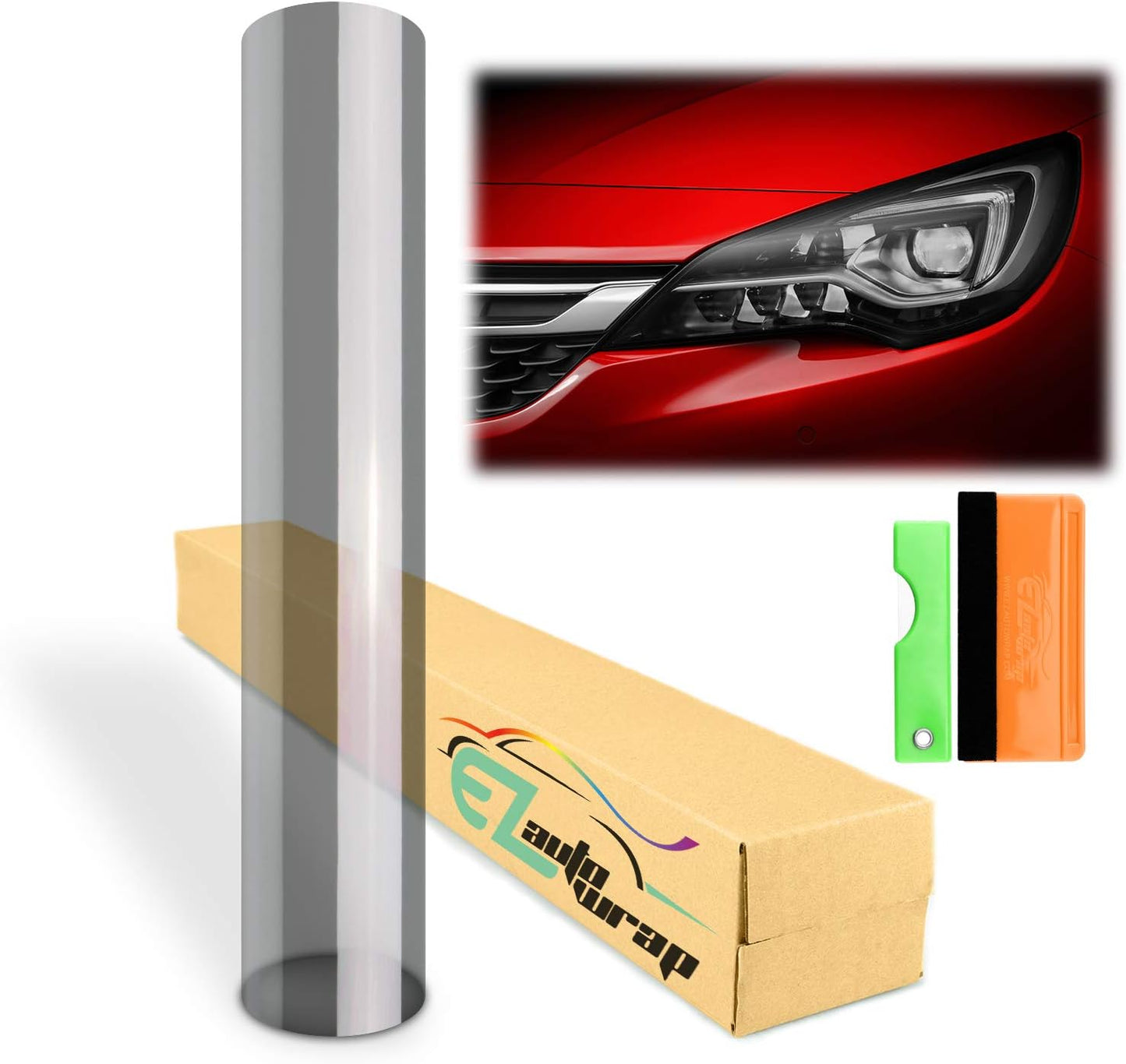 EZAUTO WRAP Free Tool Kit 12"x108" (1FT x 9FT) Glossy Light Black Smoke Headlight Taillight Fog Light Side Marker Vinyl Tint Film Self Adhesive