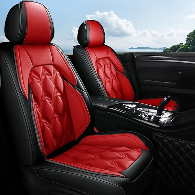 AOMSAZTO Car Seat Cover 2 Front Seat Fit for Ford Fusion 2010-2020 Leather Car Seat Cushion Protector Compatible Airbag Waterproof Automotive Seat Covers Black&Red