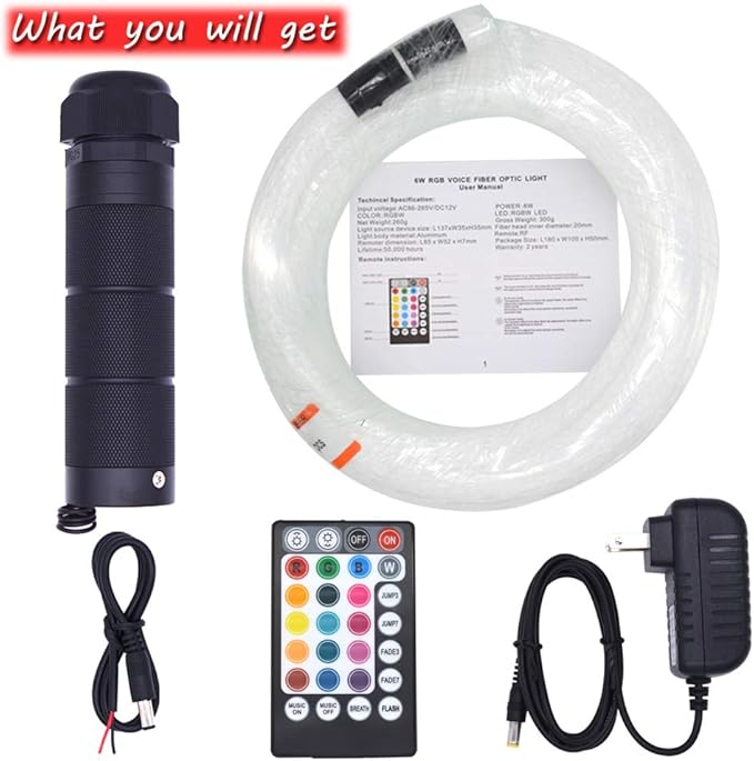 LED Fiber Optic Star Ceiling Light Kit for Car or Room 6W RGBW with Music Mode Remote Controller 300 Strands 0.75mm/0.03in 2m/6.5ft Starlight Headliner Kits
