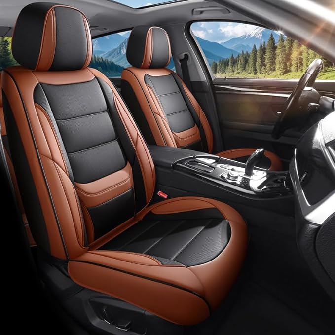 Car Seat Covers Full Set Custom Fit for Mercury Grand Marquis 1995-2011-Luxury Leather with Lumbar Support, Breathable, Waterproof, Anti-Slip, Durable, Easy to Install (BlackBrown,Full Set)