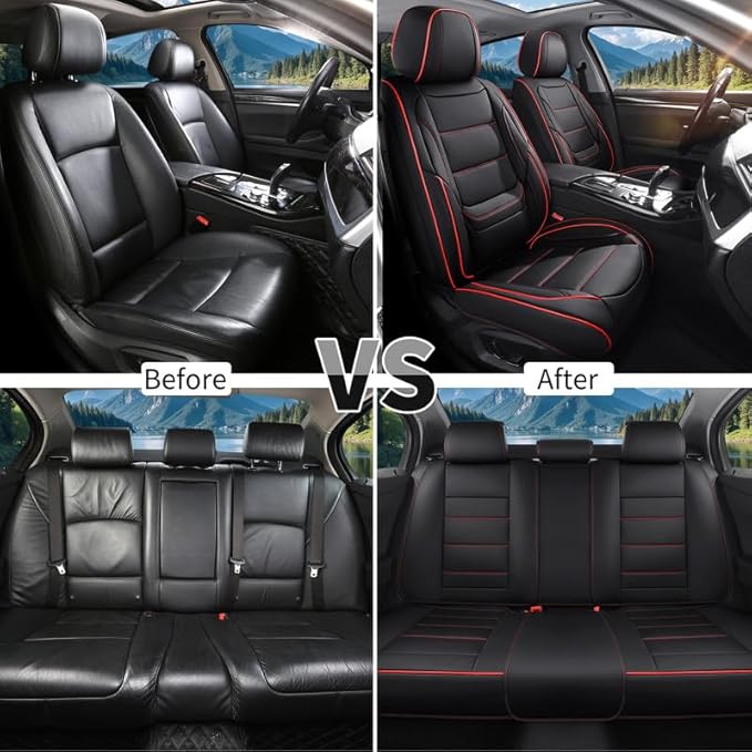 Car Seat Covers Full Set Custom Fit for Buick Regal 2009-2020-Luxury Leather with Lumbar Support, Breathable, Waterproof, Anti-Slip, Durable, Easy to Install (Black&Red,Full Set)