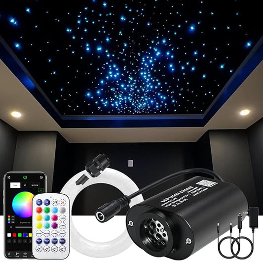 AKEPO 6W Mini Size Twinkle RGBW Fiber Optic Lights, 600pcs 0.03in 9.8ft/3m APP Control Music Activated Fiber Optic Star Ceiling Light Kit for Car Headliner Star and Home
