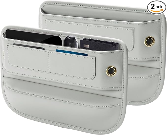 Universal Fit Premium Leather Car Seat Gap Filler Organizer, Center Console Organizer with Card Slots, Clever Gifts for Car SUV Truck Owners (Beige, 2 Pack)