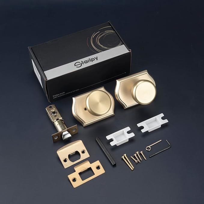6 Pack Pismo Doorknobs for Hall, Gold Interior Door Knobs with Camelot Trim, Satin Brass Interior Door Handles