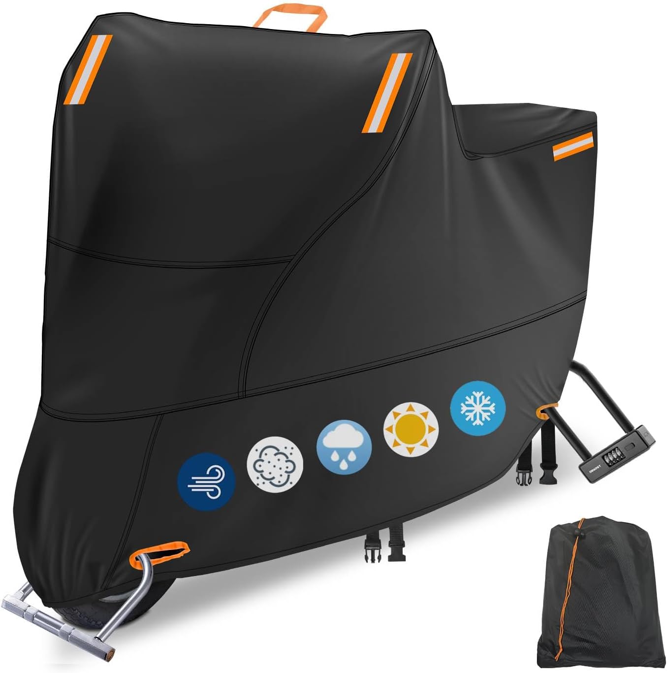 Motor Bike Cover Waterproof Outdoor, Motorbike Scooter Moped Cover Sun Rain Dust Protection with 4 Reflective Strips and 2 Fixed Buckles, 2 Lock-Holes for Most Motorcycles (L: 81 x 37 x 43 inch)