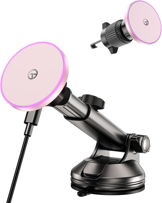 for MagSafe Car Mount Charger Dash/Windshield/Vent Wireless Car Charger with [LED Light], Magnetic Phone Holder for Car for iPhone 17 16 15 14 13 12 Series, Fit MagSafe Accessories (Pink)