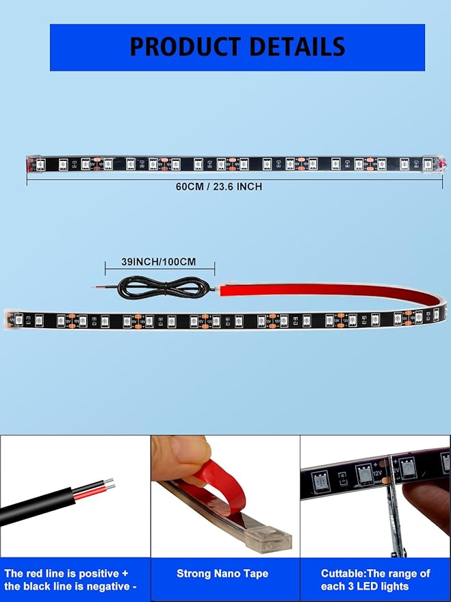 YM E-Bright 4Pcs Led Strip Lights for Car, 24inch Waterproof IP68 Car Underglow Strip Lights Decoration 36SMD 12V Led Interior Exterior Lights Strip for Cars Motorcycles Truck Golf Cart Boat - Blue