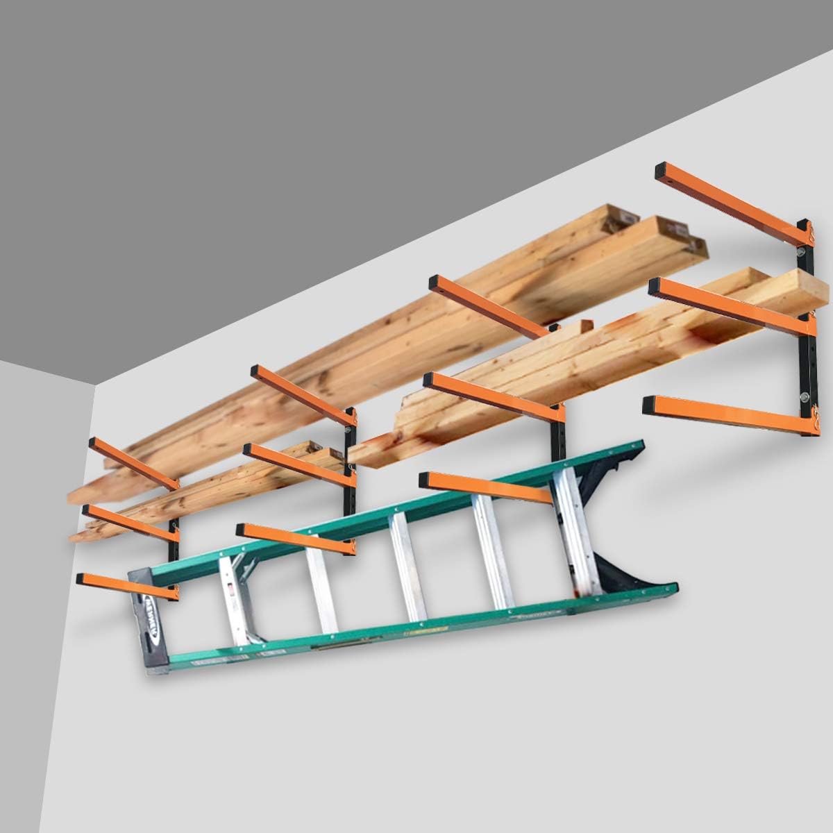 Homydom Garage Shelving Wood Rack,Lumber Storage Rack Wood Organizer Wall Mount Rack Heavy Duty Metal Saving Indoor & Outdoor Space with 3-Level, 4 Pack