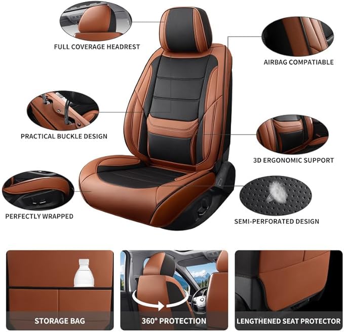 Car Seat Covers Full Set Custom Fit for Chevrolet/Chevy Trailblazer 2021-2026-Premium Faux Leather with Lumbar Support, Breathable, Waterproof, Anti-Slip, Easy to Install (Black&Brown,Full Set)