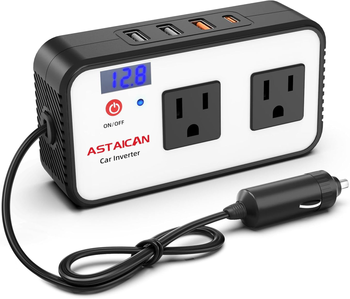200W Car Power Inverter, DC 12V to 110V AC Car Plug Adapter with 20W USB-C & 18W USB-A Dual AC Outlet, PD/QC Fast Car Charger for Laptop, Vehicles, Road Trip Essentials, White