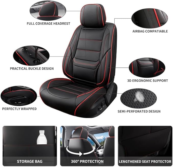 Car Seat Covers Full Set Custom Fit for Chevy Equinox 2005-2025 2026-Luxury Leather with Lumbar Support, Breathable, Waterproof, Anti-Slip, Durable, Easy to Install (Black&Red,Full Set)