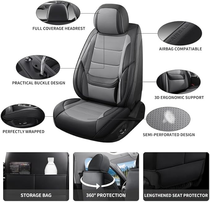 Car Seat Covers Custom Fit for Chevrolet/Chevy Volt 2010-2019 , Premium Faux Leather Waterproof Car Seat Protectors with Lumbar Support, Breathable Anti-Slip Easy to install(Black&Gray,Full set)