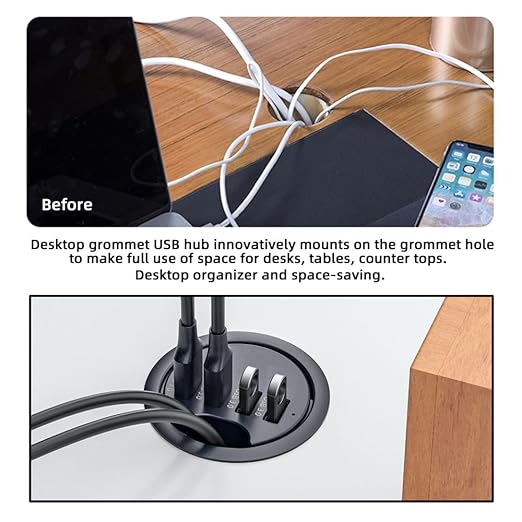 Xiwai USB 3.0 Hub Splitter, 4 Port USB Multiport Expander 60mm Desk Grommet Dock Station Interface for PC Desk Desktop