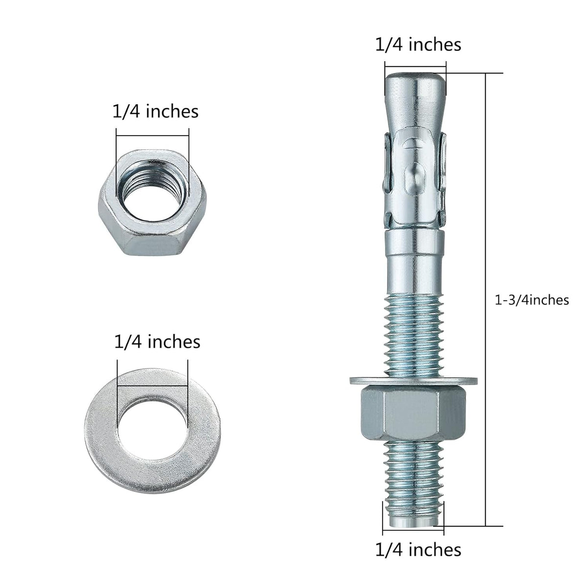1/4x1-3/4 10Pcs Inch Standard Fasteners for Heavy-Duty Zinc Wedge Anchors for Cement and Concrete