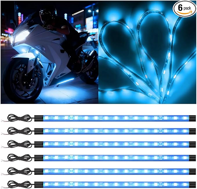 Motorcycle RGB LED Light Kit, 6PCS DC 12V Waterproof Motorbike Underglow Strip Lights Kit, Golf Cart Exterior Ground Effect Atmosphere Lamp, Universal for SUV RV Truck (Ice Blue)