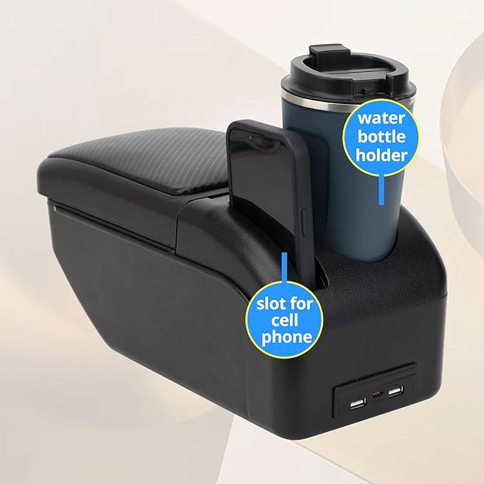 AULPHIKE Compatible with Ford Focus Armrest 2 Mk2 2005-2011 Car Center Console Organizer Armrests Double Layer Storage with USB Ports（Carbon Fiber Style）