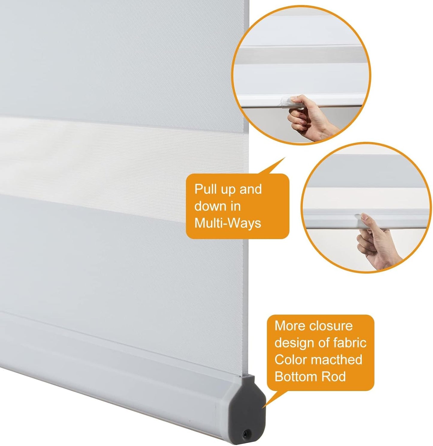 Persilux Cordless Zebra Blinds for Windows Free-Stop Roller Shades for Windows (62" W x 72" H, White) Dual Layer Window Treatments Room Darkening Roller Blinds for Home, Office and Kitchen