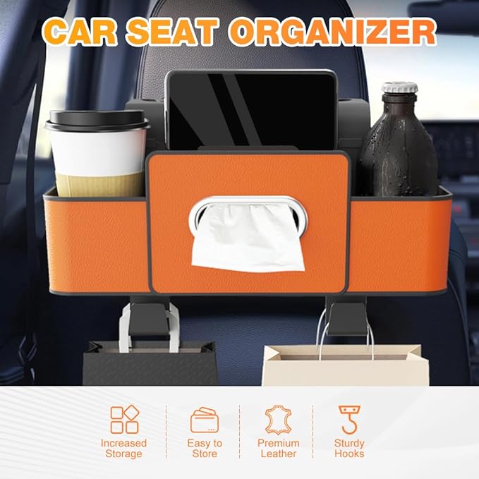 3-in-1 Car Backseat Organizer with Cup Holder, Tissue Box, Trash Bin & Hooks, 2026 Multifunctional Back Seat Car Organizer for Phones, Snacks, Drinks, and Handbags (white)