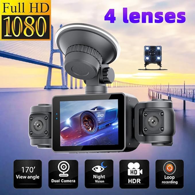 Dash Cam 4 Channel HD Front and Rear Inside Left Right Car Camera Dashcam Voice Control Wide Angle Night Vision, 24H Parking Mode (with 64G)