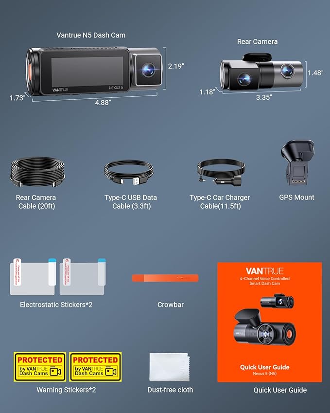 Vantrue N5 4 Channel WiFi 360° All Sides Dash Cam, STARVIS 2, IR Night Vision, 2.7K+1080P*3 Front Rear Inside Dashcam, Voice Control, GPS, 24 Hours Buffered Parking Mode Dash Camera(Renewed)