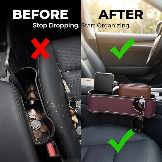 Car Seat Gap Filler Organizer, 2026 New Premium Leather Console Organizer for Holding Phone, Sunglasses, Auto Console Side Storage Box with Cup Holders 2 Seat Hooks for Drink (Black, Driver's Seat)