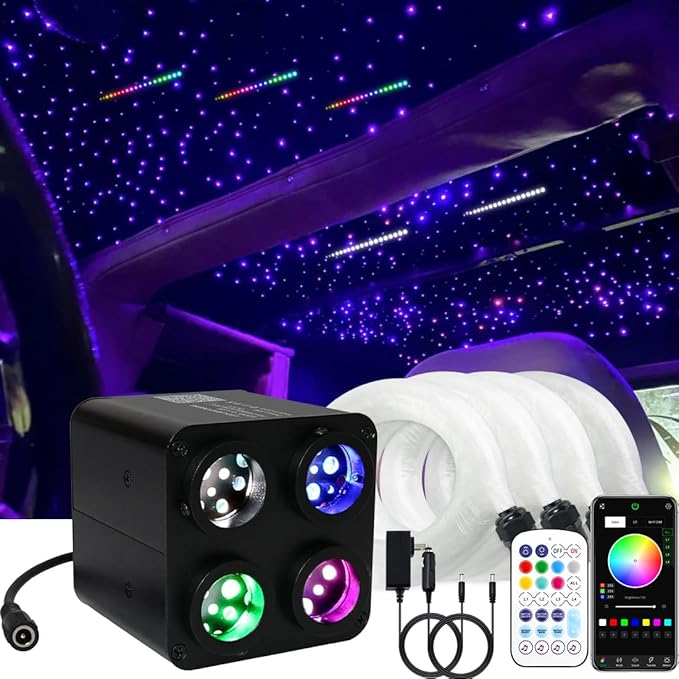 AMKI Updated 4Color Meteor Twinkle 36w Starlight Headliner Kits 800pcs 0.03in 13.1ft, 240pcs RGB Meteor Shooting Star Cable, 2 in 1 Fiber Optic Light Box RGBW Sound Activated Mode for Car& Home Decor