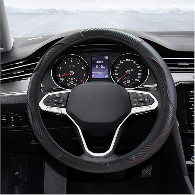 Car Steering Wheel Cover, 15 Inch Carbon Fiber Leather Elastic Steering Wheel Protector, Anti-Slip, Breathable & Soft Car Interior Accessories Universal for Most Cars, Men & Women (Black)