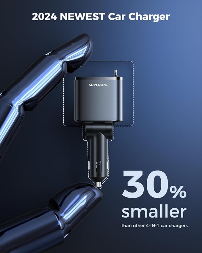 SUPERONE Retractable Car Charger with Dual Type C Cords, Ultra-Compact 69W Fast Retractable USB C Car Charger, 4 in 1 Car Accessories Car Chargers for iPhone 17 16 15 14 13 12 Galaxy Pixel