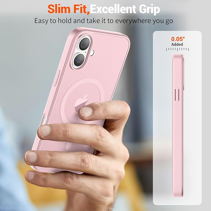 SUPFINE Magnetic for iPhone 16 Plus Case with Screen Protector (Compatible with MagSafe) (Military Grade Drop Protection) Translucent Matte Shockproof Phone Cover,Light Pink