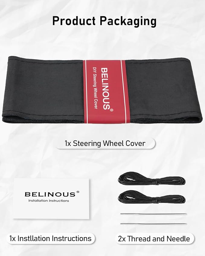 BELINOUS Suede Leather Steering Wheel Cover, DIY Stitch-On Steering Wheel Wrap with Needle & Thread, Non-Slip & Sweat-Absorbing, Universal Fit for 13.75-16 Inch (Size S4, Black)