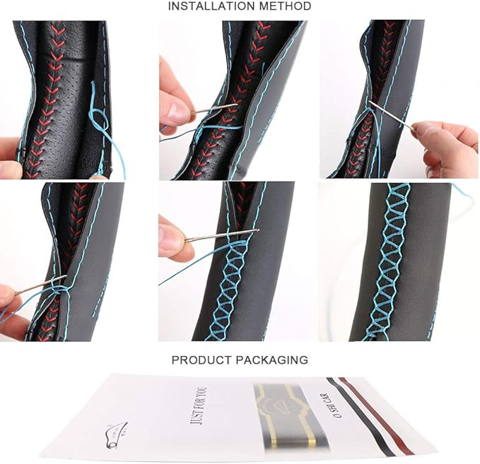 15 Inch Universal Micro Fiber Leather Car Steering Wheel Cover Stitch On Wrap with Needle & Thread Anti-Slip Auto Steering Cover for Woman DIY Red Line