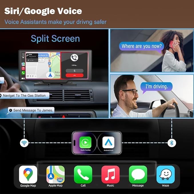 Portable Carplay-10.26" Screen Car Play-Wireless Apple Car Play & Android Auto,4K Dash Cam,1080p Backup Camera DVR,Audio Receivers GPS Navigation Mirror Link, Bluetooth,FM, Siri,SD Card