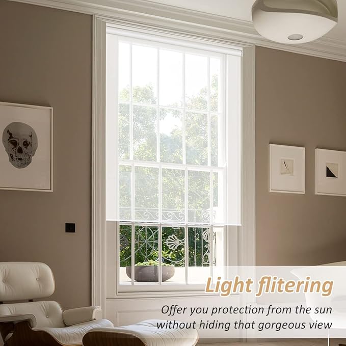 LUCKUP Light Filtering Roller Shades for Windows, Cordless Semi Sheer Solar Blinds with 5% Openness Free-Stop Window Shades for Home & Office, White 35" W x 72" L