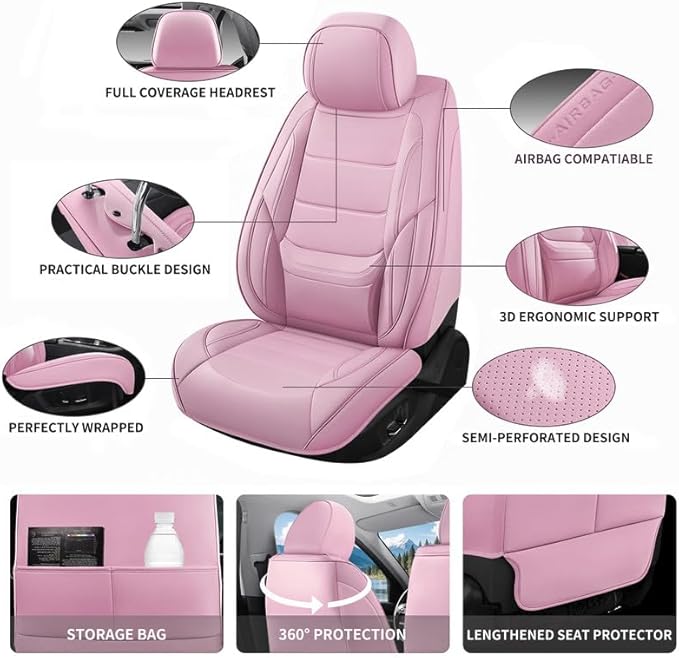 Car Seat Covers Full Set Custom Fit for Saturn ION 2003-2010 - Premium Leather with Lumbar Support, Breathable, Anti-Slip & Excellent Seating Experience (Pink, Full Set)
