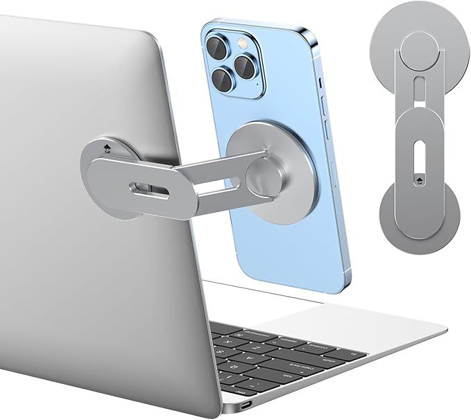 Magnetic Phone Holder for Laptop, MagSafe Laptop Phone Mount for iPhone 17/16/15/14/13/12 & All Phones, 180°Adjustable Magnetic Phone Holder for Tesla Monitor (Gray)