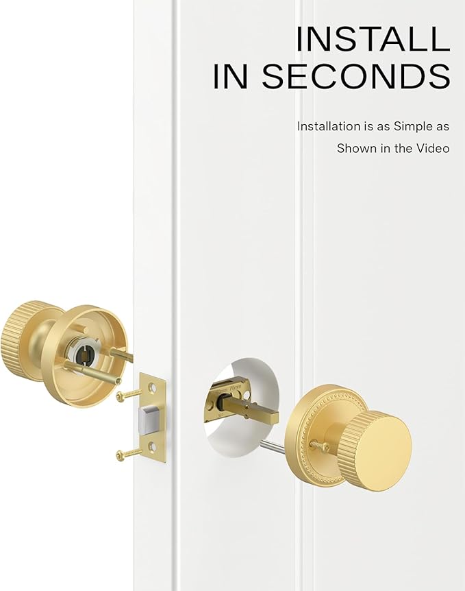 Asidrama 4 Pack Passage Gold Door Knob with Lock. Brush Gold Door Knobs Interior for Bedroom or Bathroom, Heavy Duty Door Handle for Left Right Sided Doors