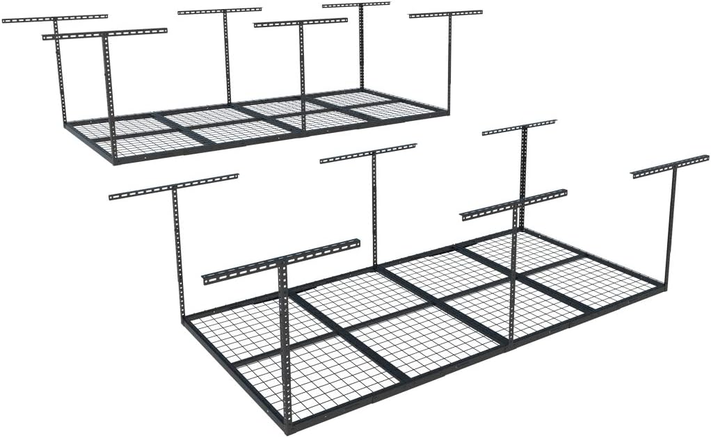 FLEXIMOUNTS 4x8 Overhead Garage Storage Rack, Adjustable Organization System, Heavy-Duty Metal Ceiling Racks, 2 pack, Black