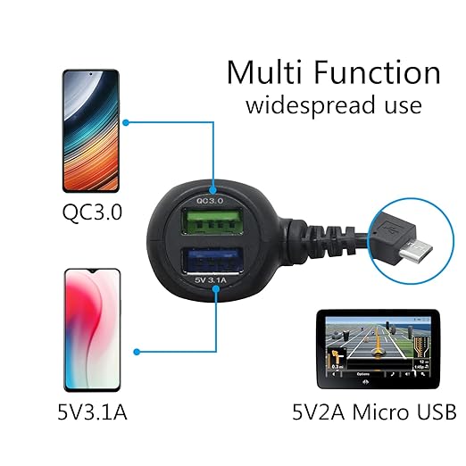 Dash Cam Micro USB Power Cable, Left Angle 90 Degree Micro USB with Dual USB Port Fast Power Supply, for 12V-24V Car and Truck Dash Cam, GPS Navigator, MP3 Player and Other USB Devices