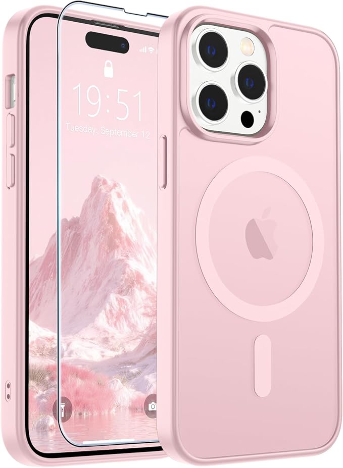 SUPFINE Magnetic for iPhone 14 Pro Max Case with Screen Protector (Compatible with MagSafe) (Military Grade Drop Protection) Translucent Matte Shockproof Phone Cover,Light Pink