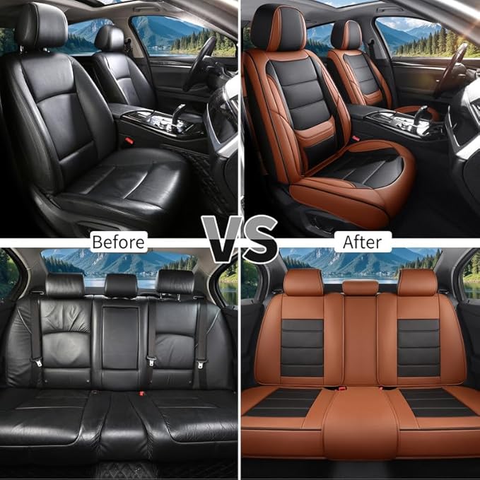 Car Seat Covers Full Set Custom Fit for Chevy Malibu 2000-2025 2026-Luxury Leather with Lumbar Support, Breathable, Waterproof, Anti-Slip, Durable, Easy to Install (BlackBrown,Full Set)