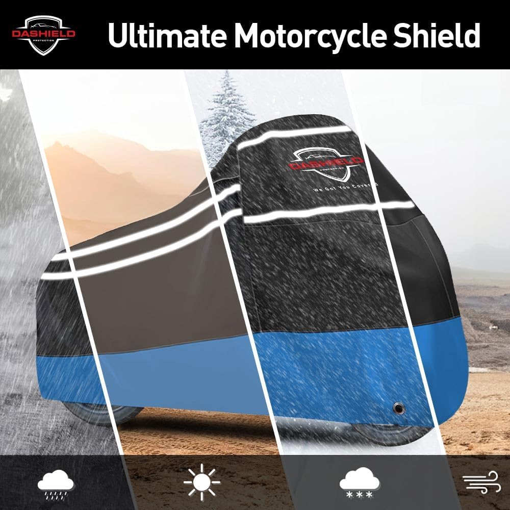 Ultimum Series Motorcycle Cover Waterproof All Weather Protection Universal Heavy Duty Night Reflector with Lock-Holes Compatible with Suzuki Harley Davidson Kawasaki Yamaha Honda Blue Large